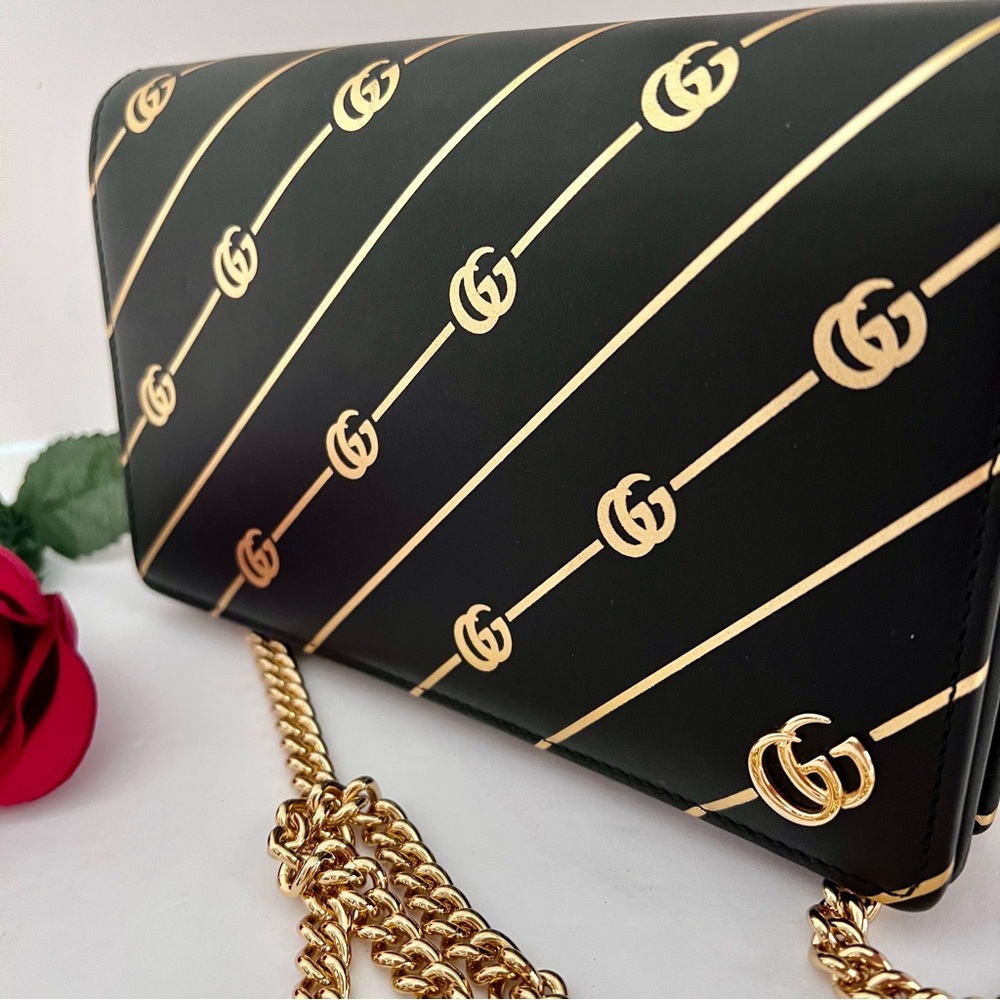 Authentic Gucci Black/Gold GG Diagonal Striped Wallet on Chain - Two Way - Picture 8 of 16